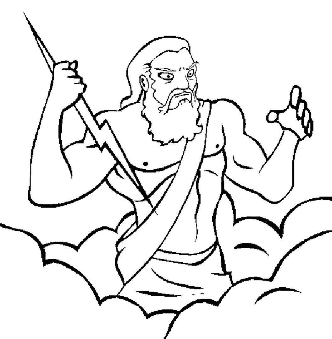 Черно-белый мультфильм о древнегреческом боге Посейдоне для раскраски книги