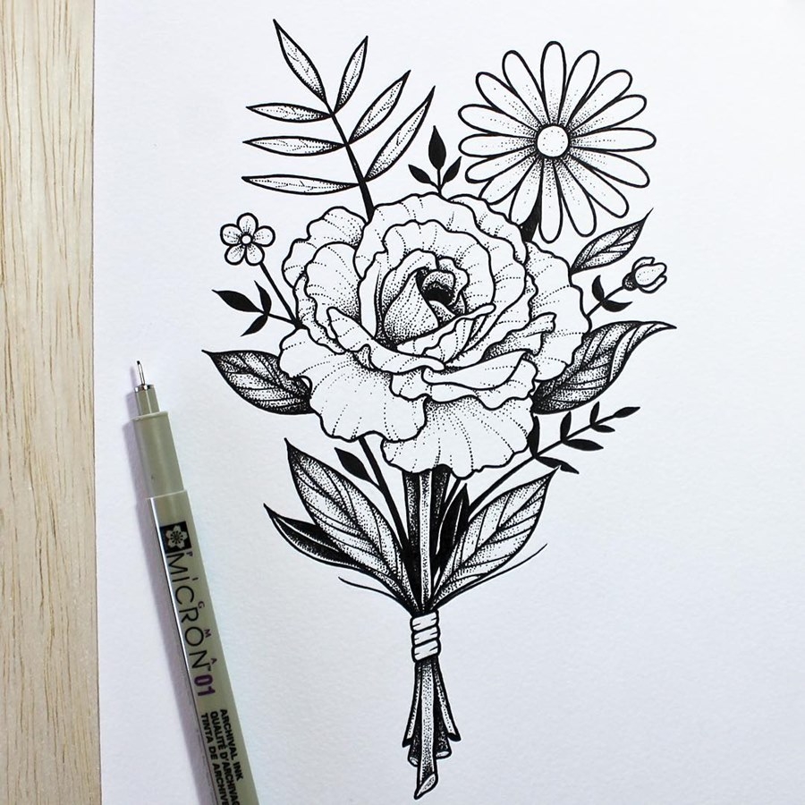 Рисунки цветы черной ручкой - 80 фото