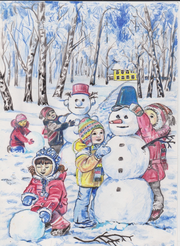 Рисунки зимние развлечения детей