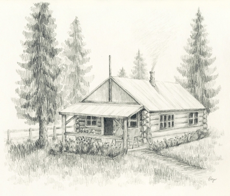 Дом в лесу рисунок карандашом