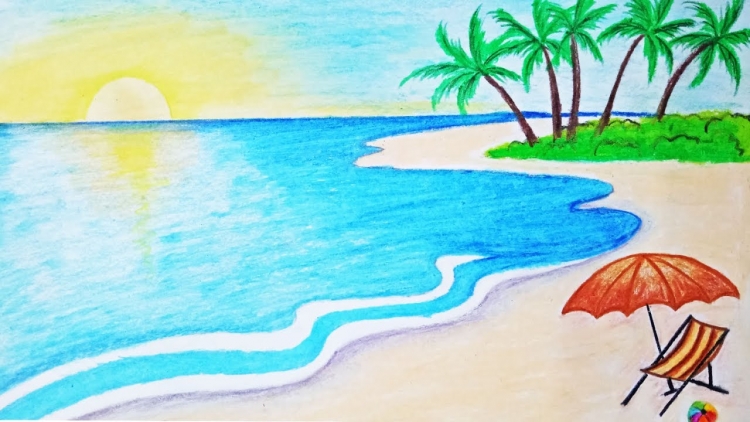 Рисунок пляжа и моря карандашом