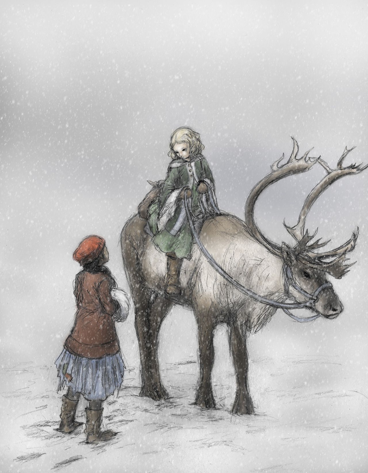 Снежная королева на олене. Андерсен Снежная Королева маленькая разбойница. Снежная Королева иллюстрации Чарльза Санторе.