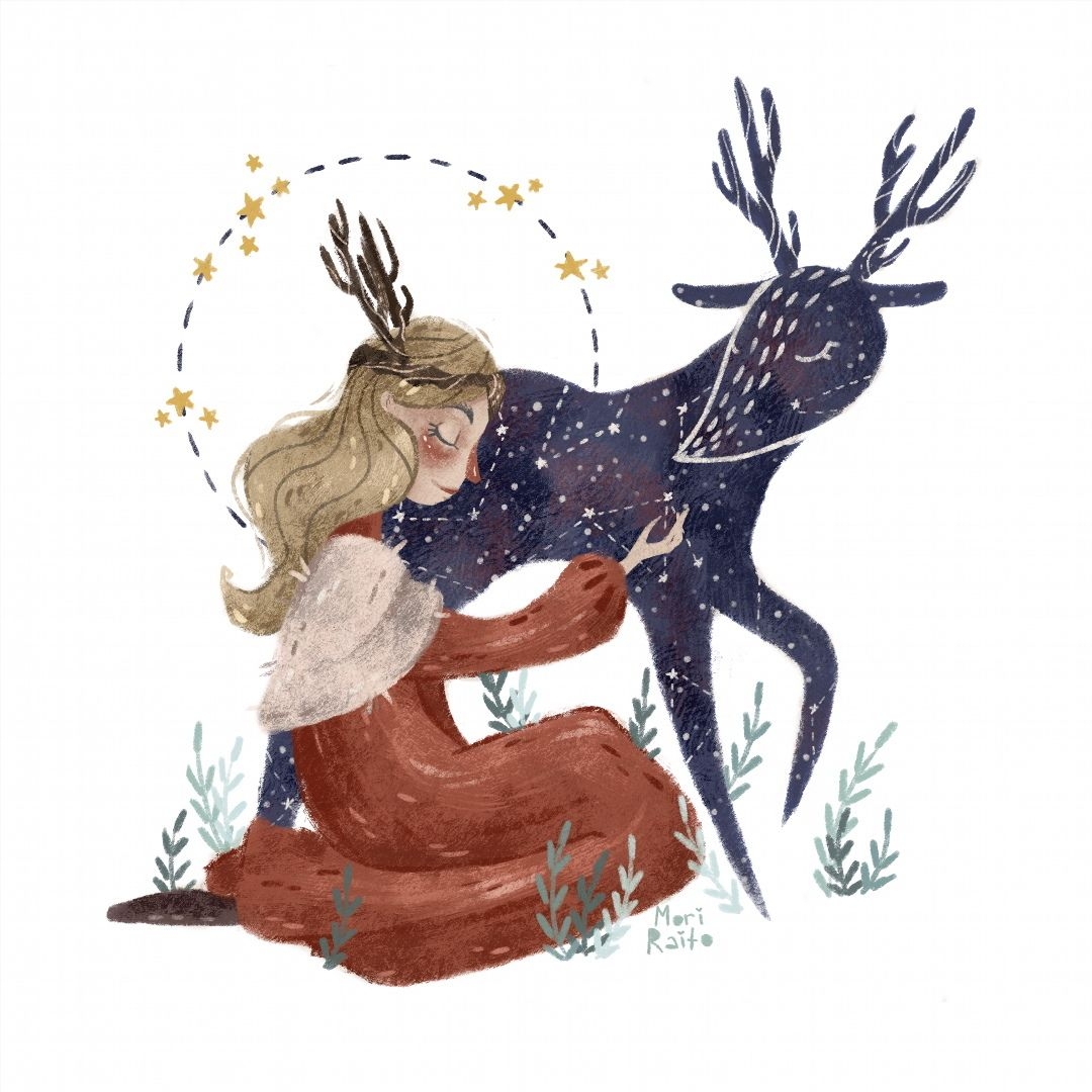 Девушка на олене. Олень девочка. Девушка обнимает оленя. Девушка и олень иллюстрация.