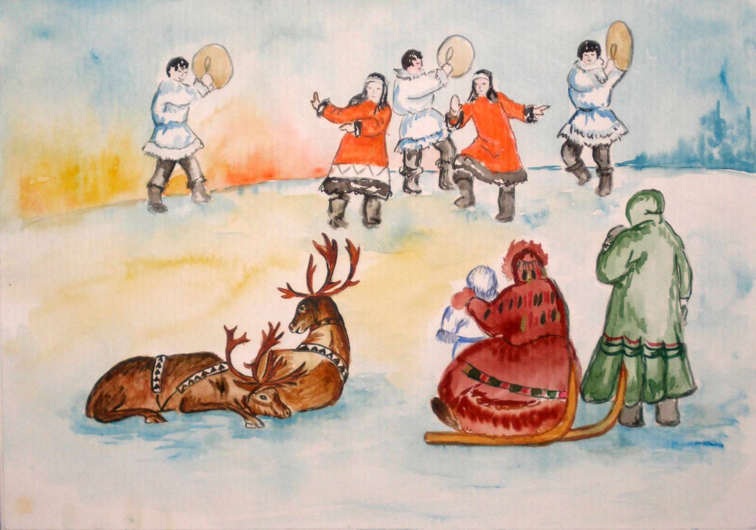Традиция народов рисунок. Ханты манси Югра живопись. Хейро саамы. Рисунки народов севера. Народные праздники рисунки.