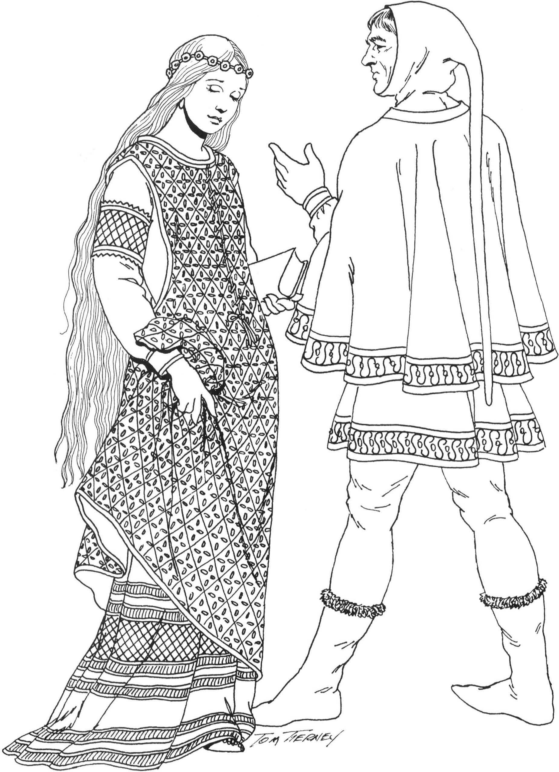 Рисунок средневековья 5 класс. Исторический костюм раскраска. Средневековый костюм раскраска. Костюм древних славян. Одежда средневековья рисунки.