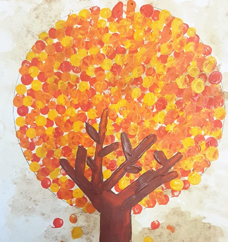 Осеннее дерево рисунок ватными палочками