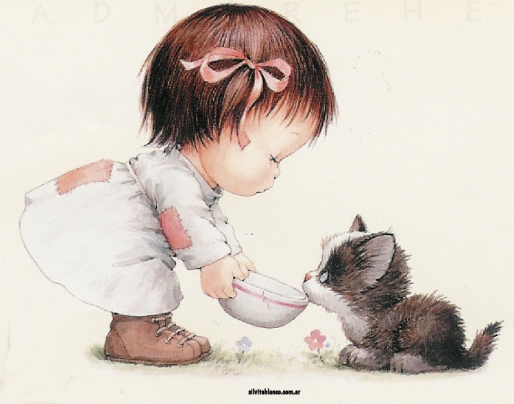 Девочка кормит котенка