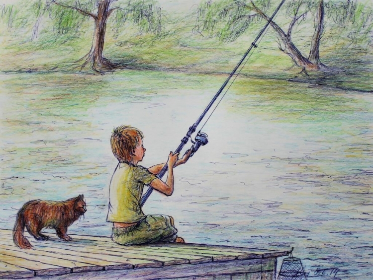 Мальчик ловит рыбу рисунок