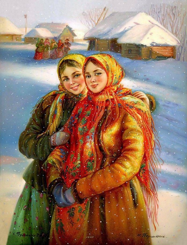 Девушка рисованая в русском народном костюме