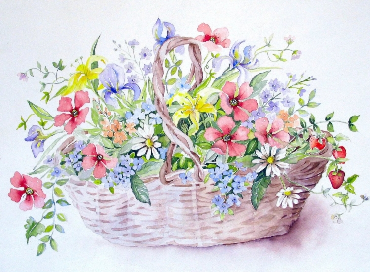 Корзинка с цветами акварель