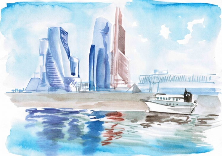 Москва Сити акварель