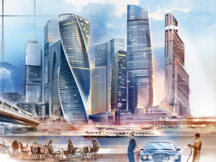 Москва Сити акварель