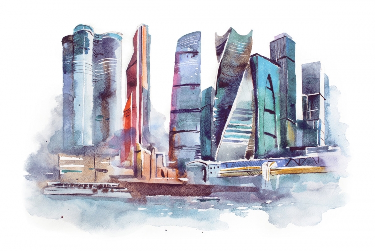 Москва Сити акварель