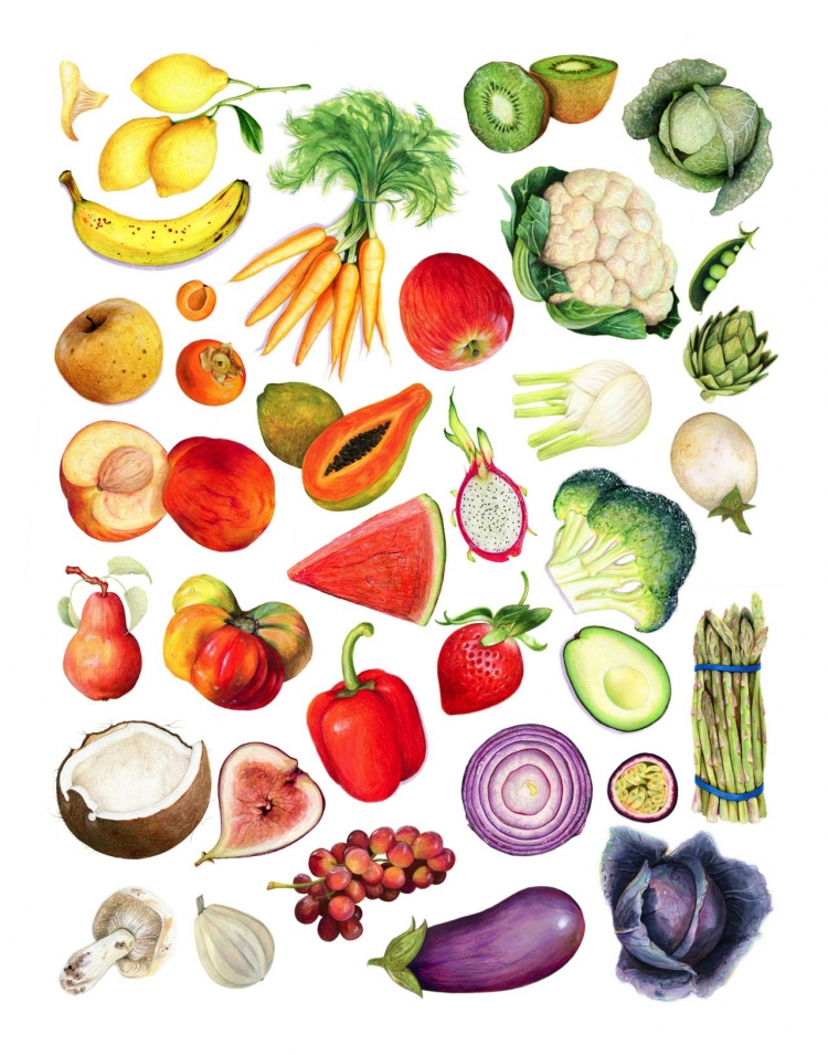Нарисованные фрукты и овощи