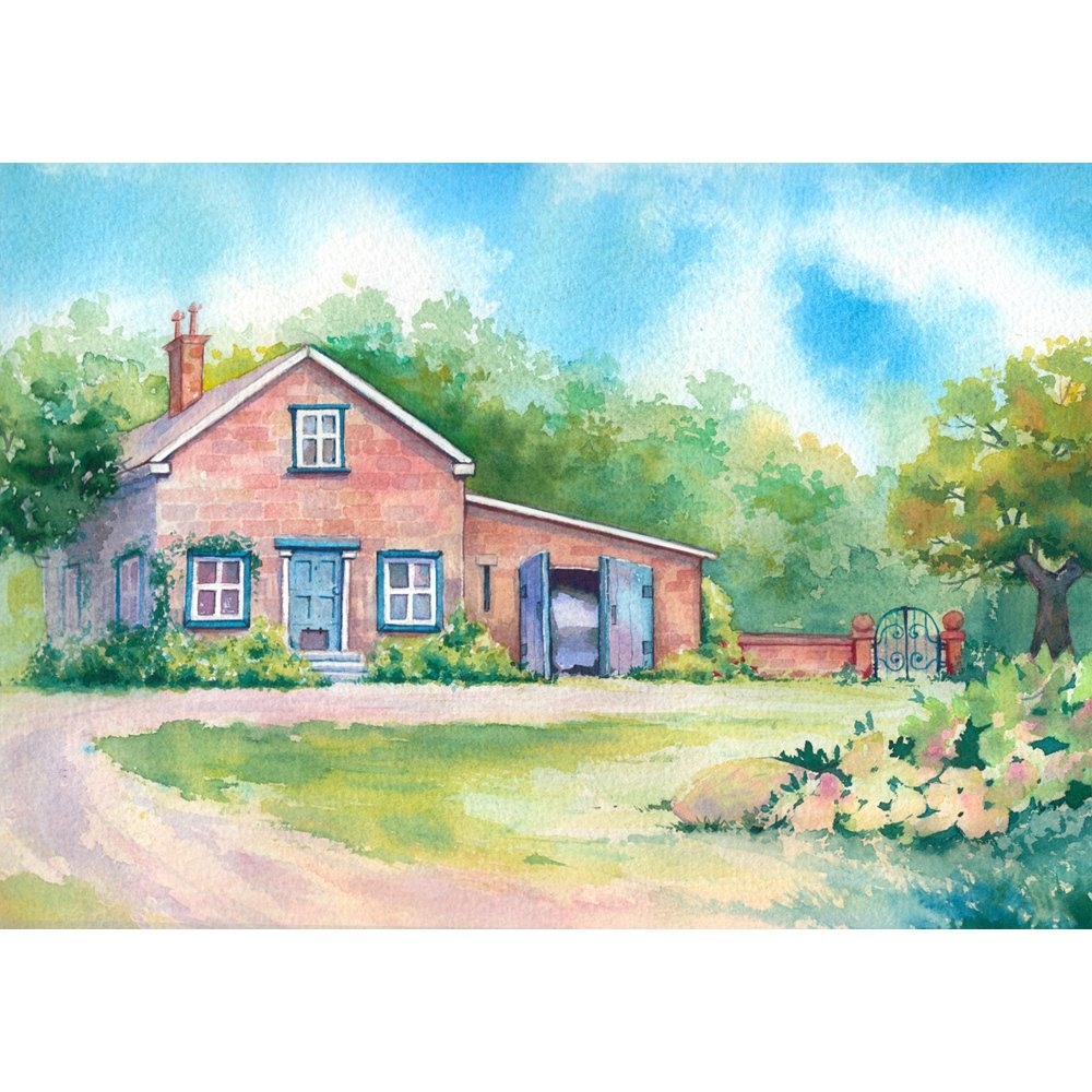 Рисунки красками дома. Домик акварелью. Пейзаж с домиком акварелью. Дом цветными карандашами. Сельский пейзаж акварелью.