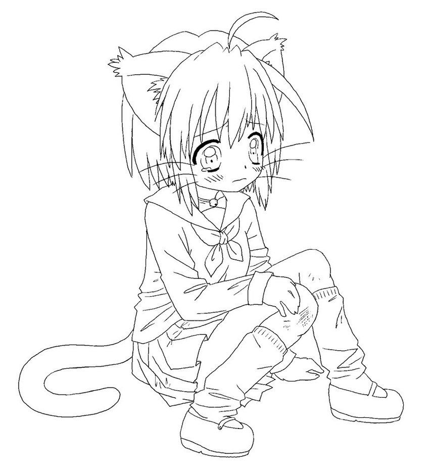 Раскраска неко аниме девочка котенок распечатать
