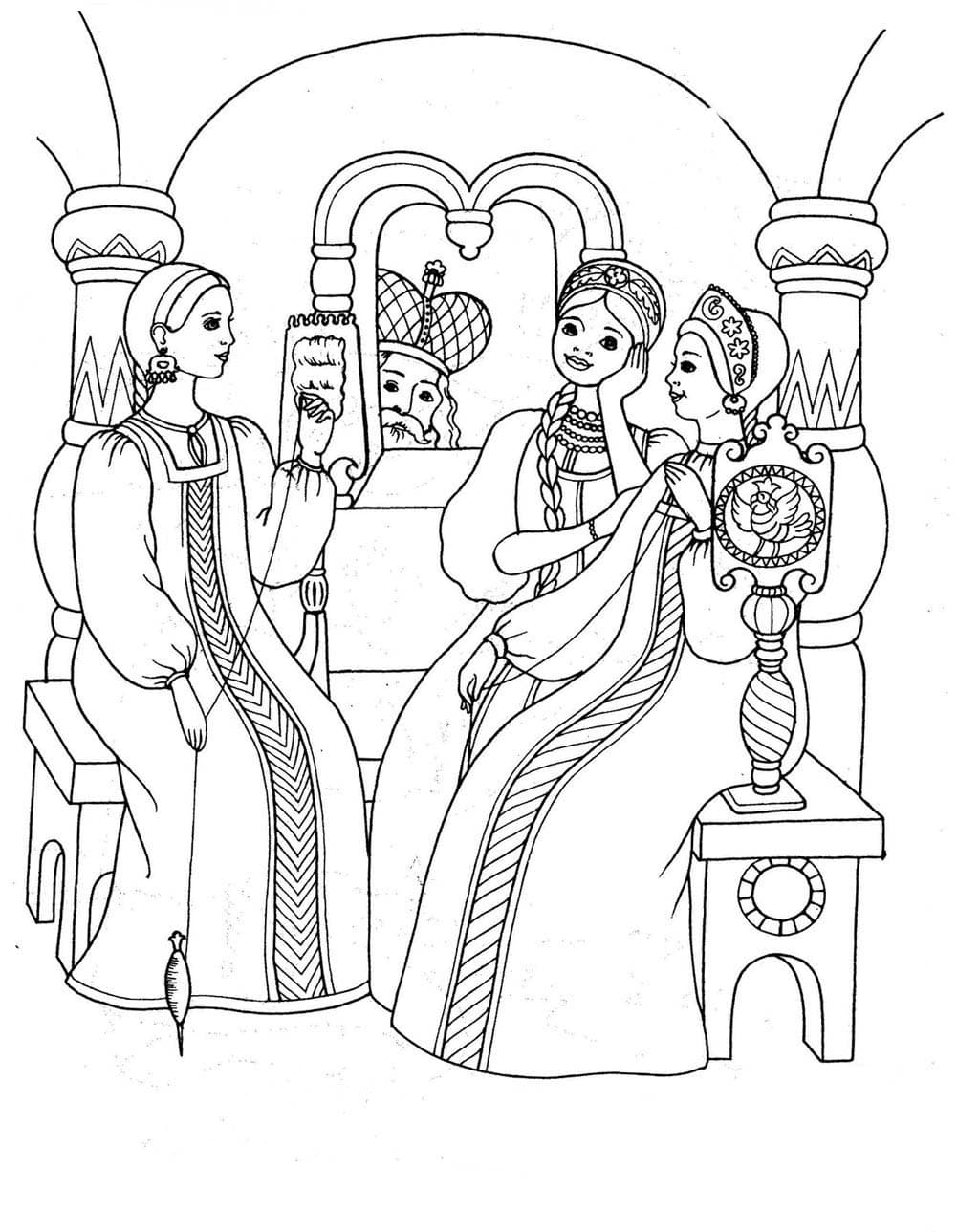 Раскраска Царь Салтан сказка. Три девицы под окном
