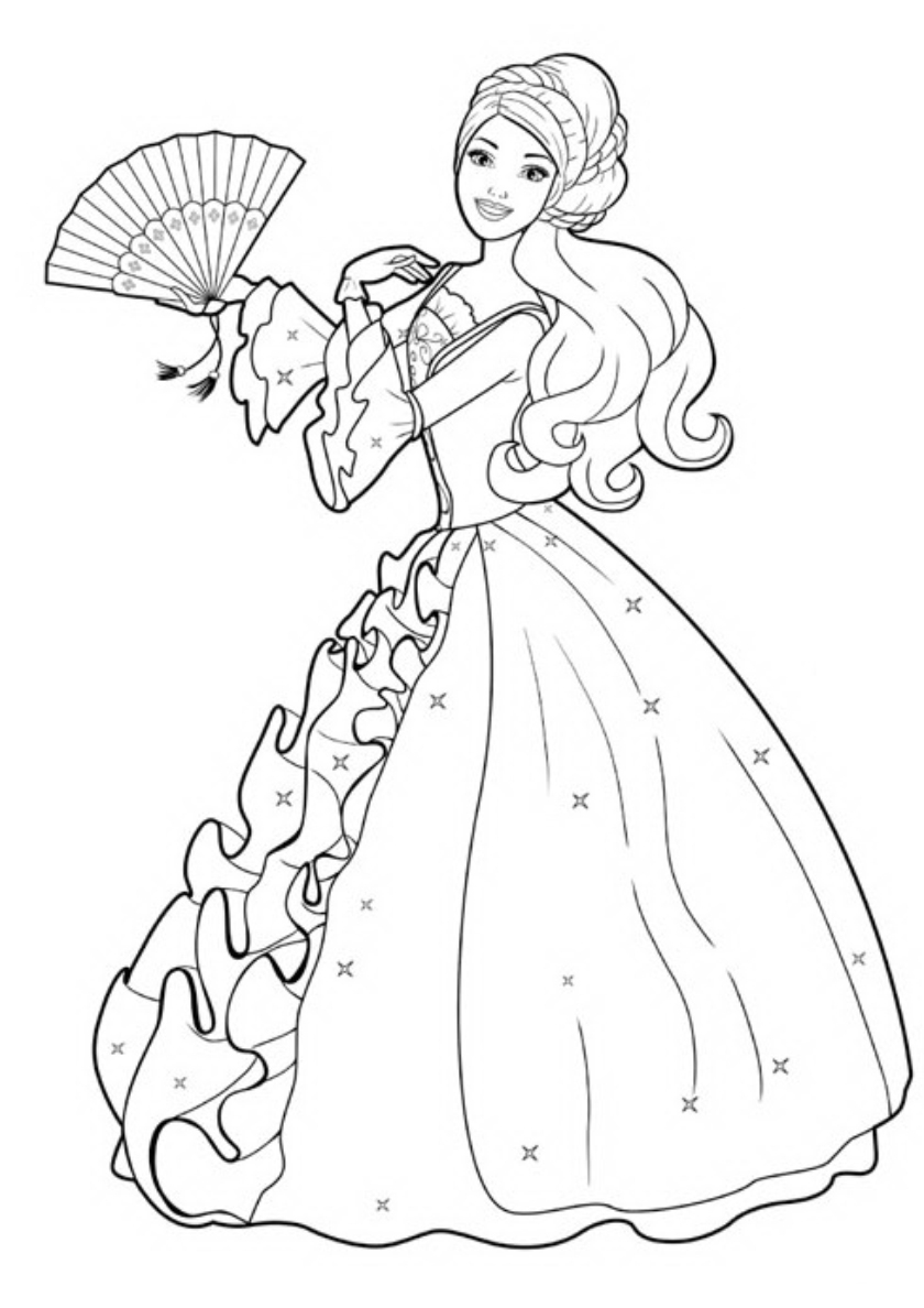 Раскраска онлайн Бальное платье принцессы праздничное бесплатно