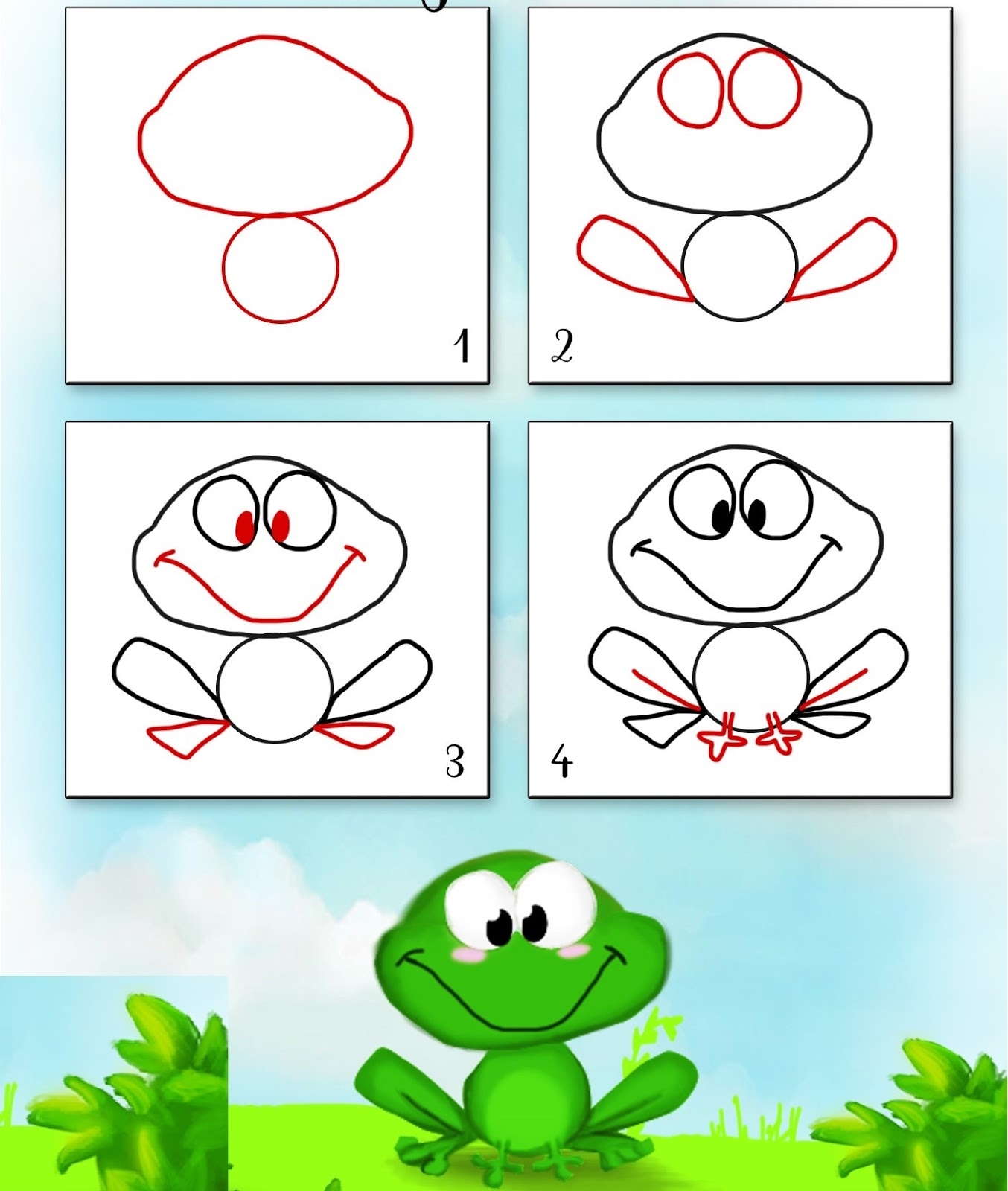 Как нарисовать лягушку — 4 варианта для детей пошагово