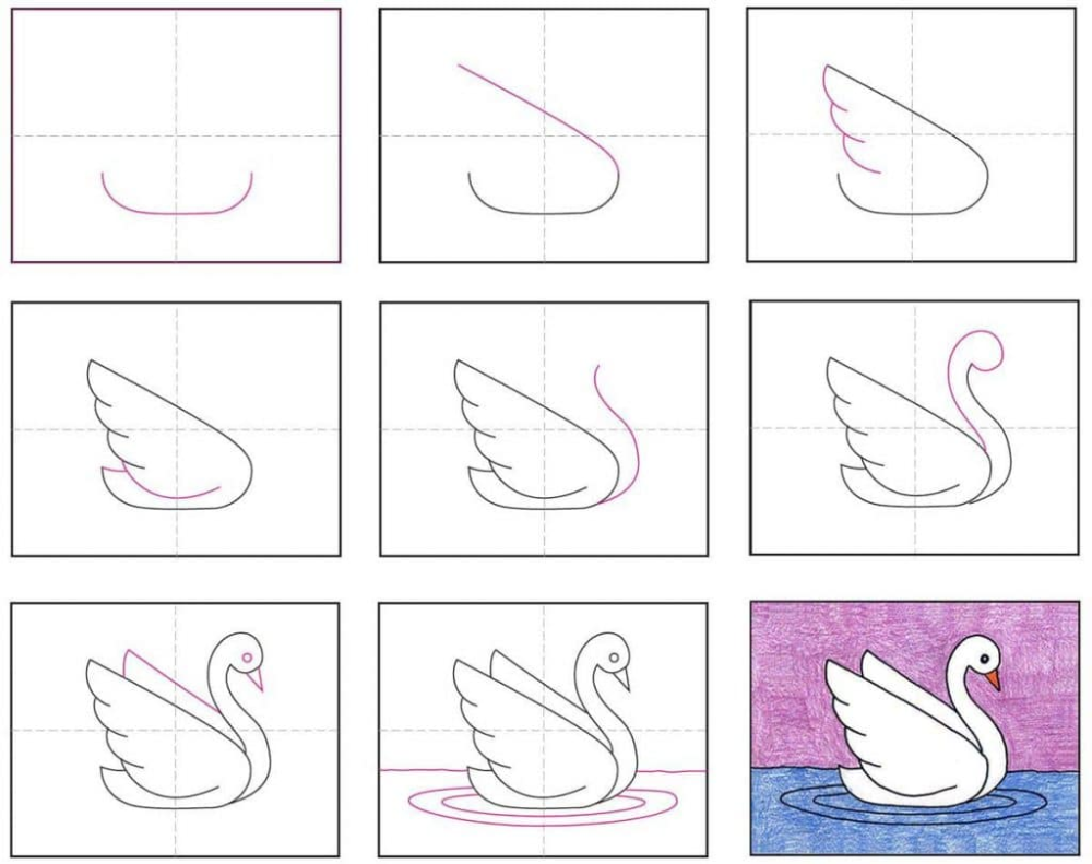 Лебедь рисунок для детей поэтапно (55 фото)