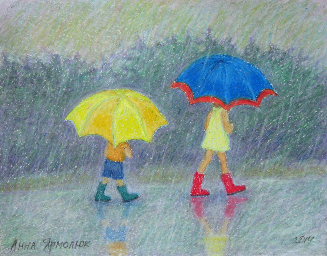 Как нарисовать девушку под зонтом. Как нарисовать весенний пейзаж. Картина для интерьера, дождь.