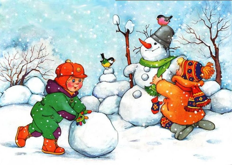 Дети Раскраска зима пришла Открытки, дети водят хоровод со снегурочкой