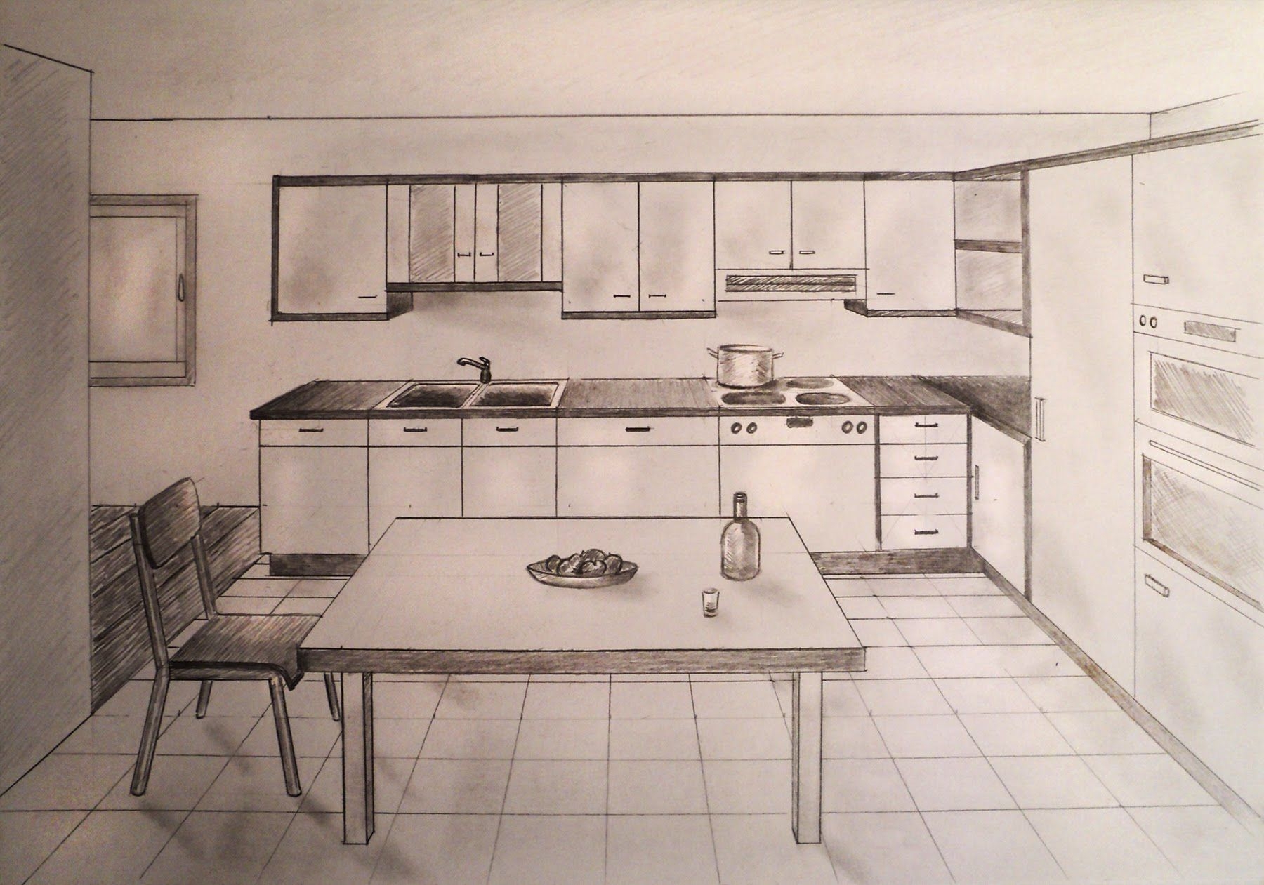 Как нарисовать кухню под линейку простым карандашом — поэтапное занятие