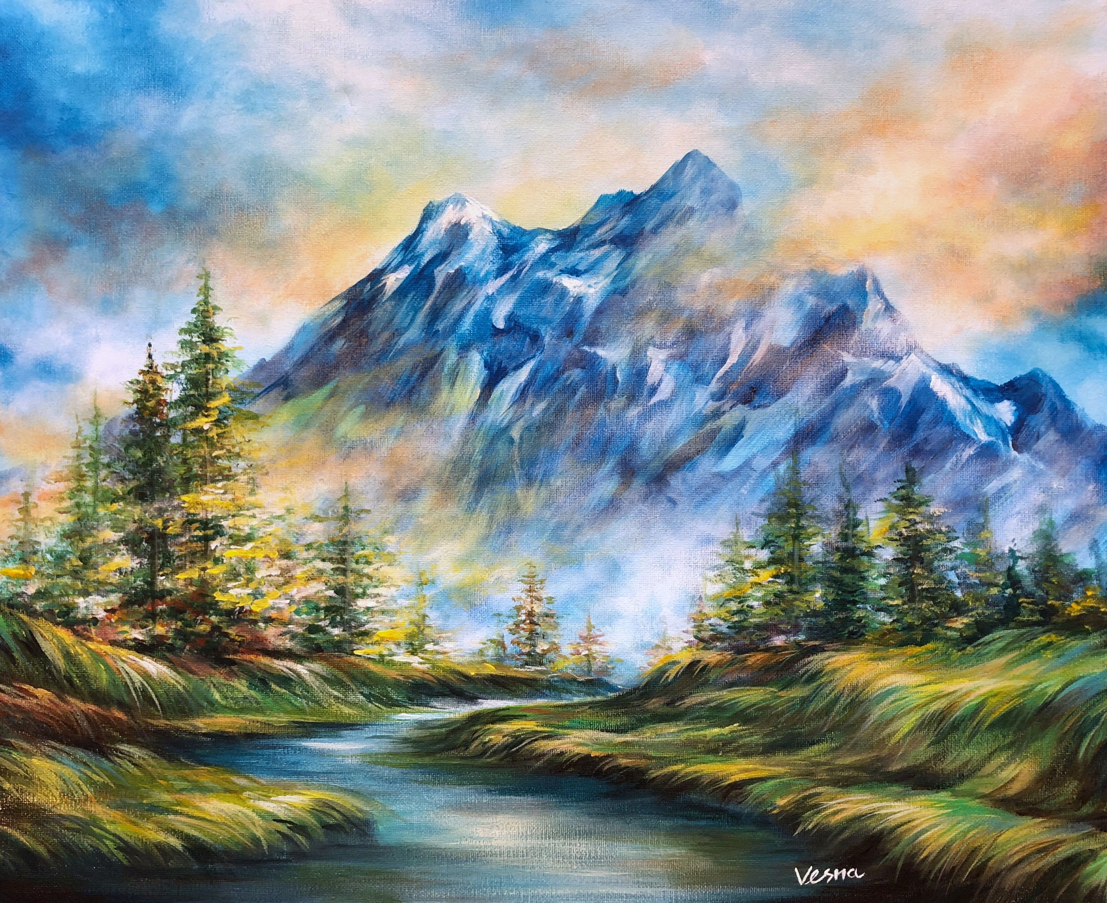 Рисунок красивых гор. Лорен Карпентер горный пейзаж. Картина Боба Росса Пылающий закат. Картины горы акрилом Боба Росса. Горный пейзаж маслом на холсте.