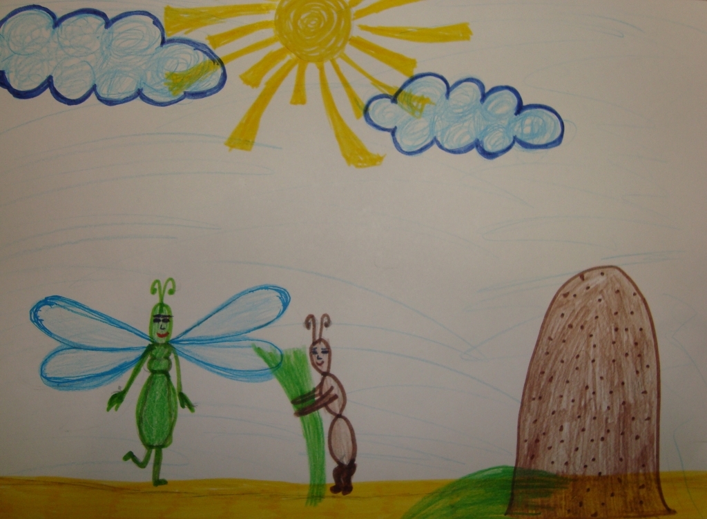 Простые рисунки «Стрекоза и муравей» карандашом