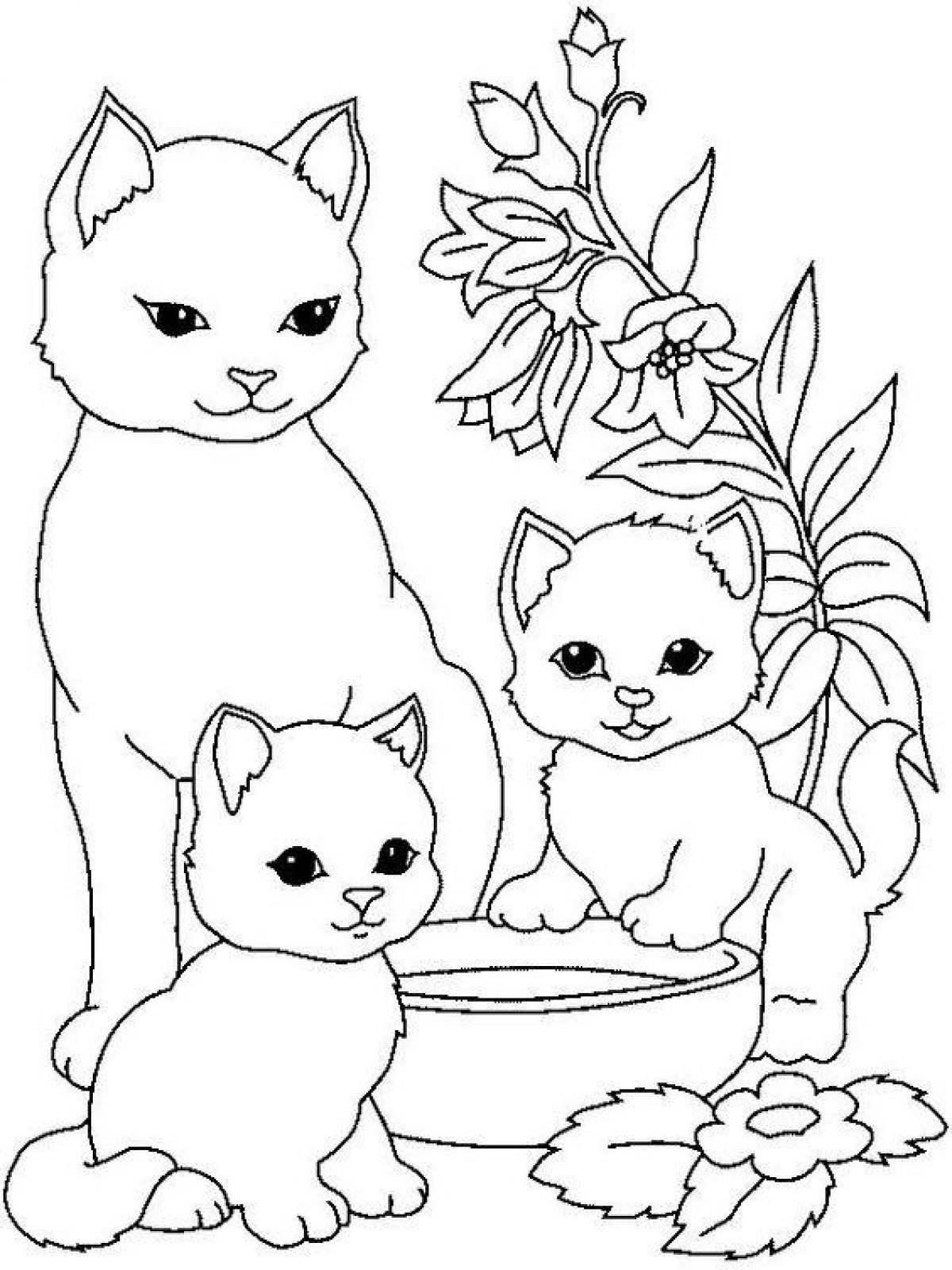 Раскраска Кот играет с детьми распечатать бесплатно