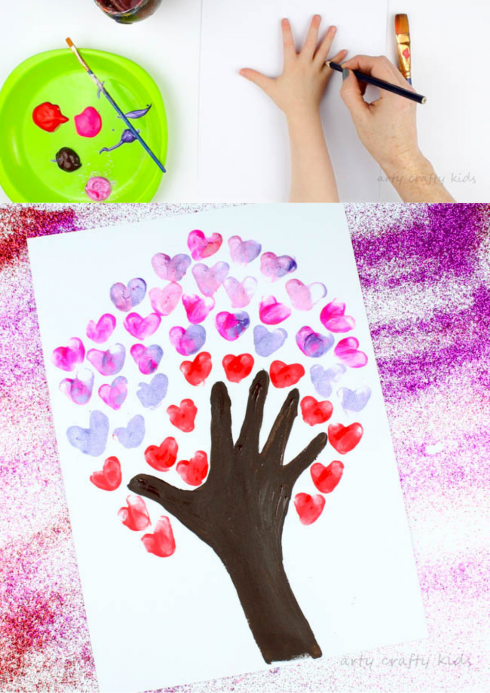 Идеи рисунков пальчиковыми красками. Отпечаток ладони открытка. Сердце из отпечатков ладошек. Дерево из ладошки с сердечками.