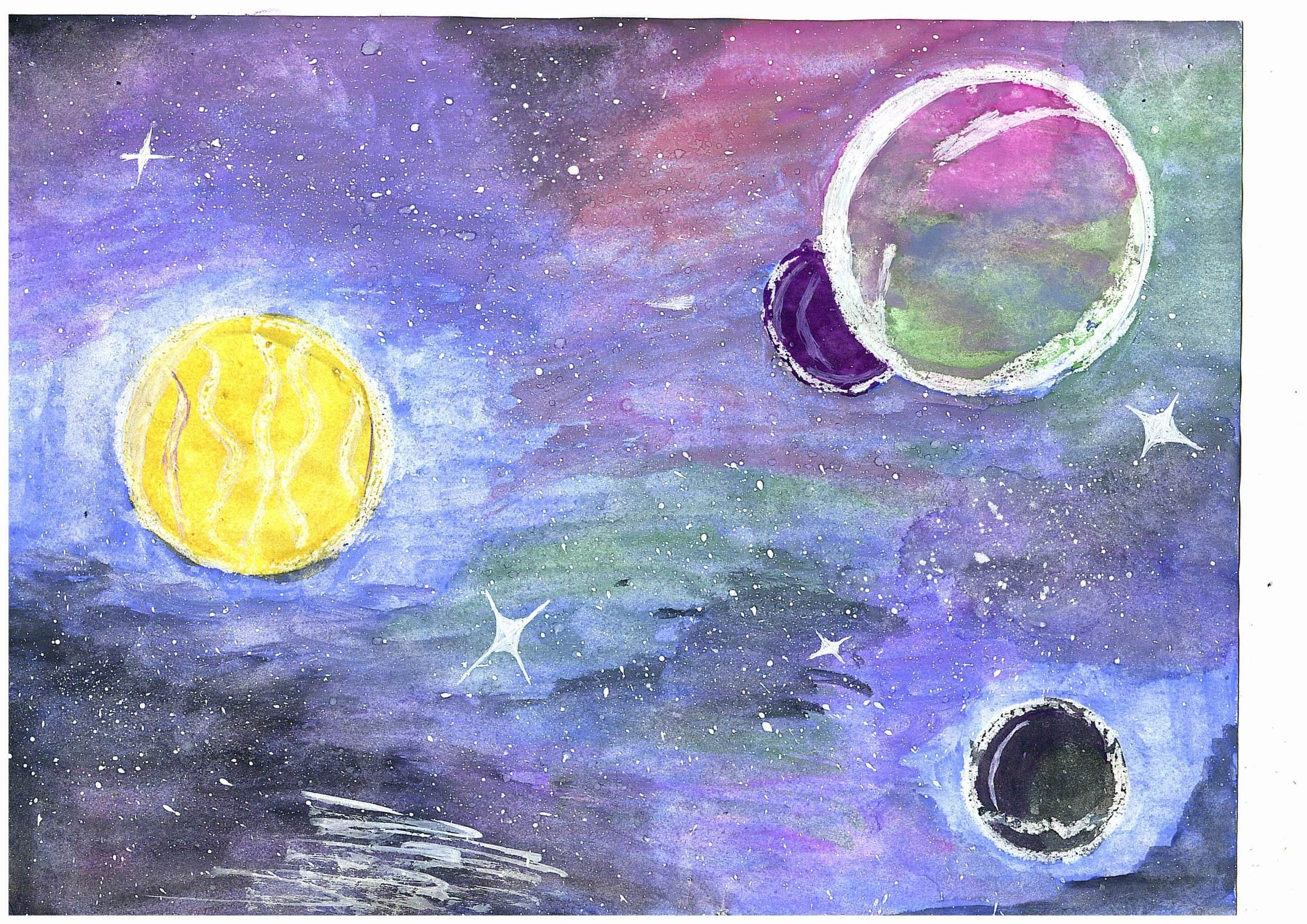 Легкие рисунки про космос. Рисунок на тему космос. Космос красками для детей. Рисование на тему космос. Космический пейзаж рисунок.
