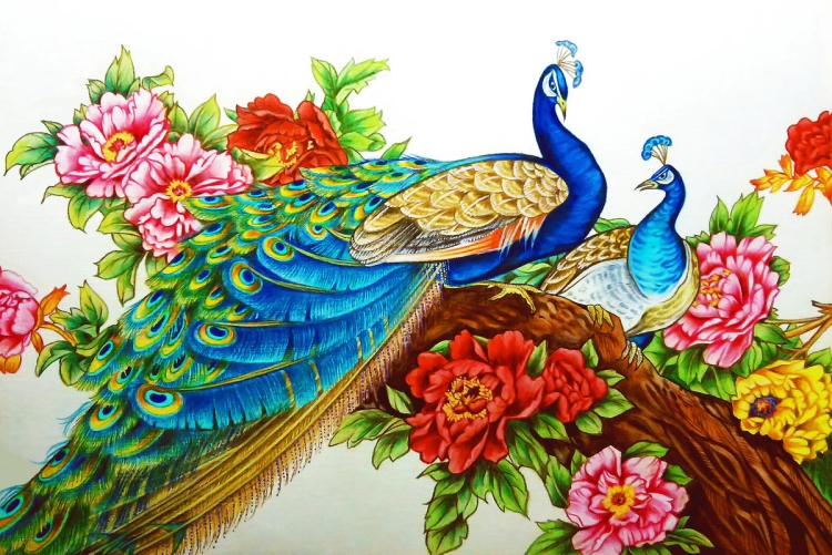 Павлины с пионами