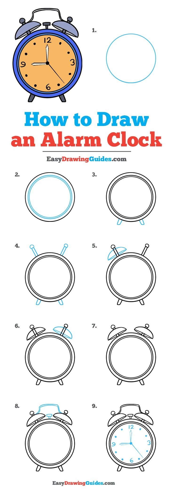 Как нарисовать часы-будильник круглой формы для детей поэтапно