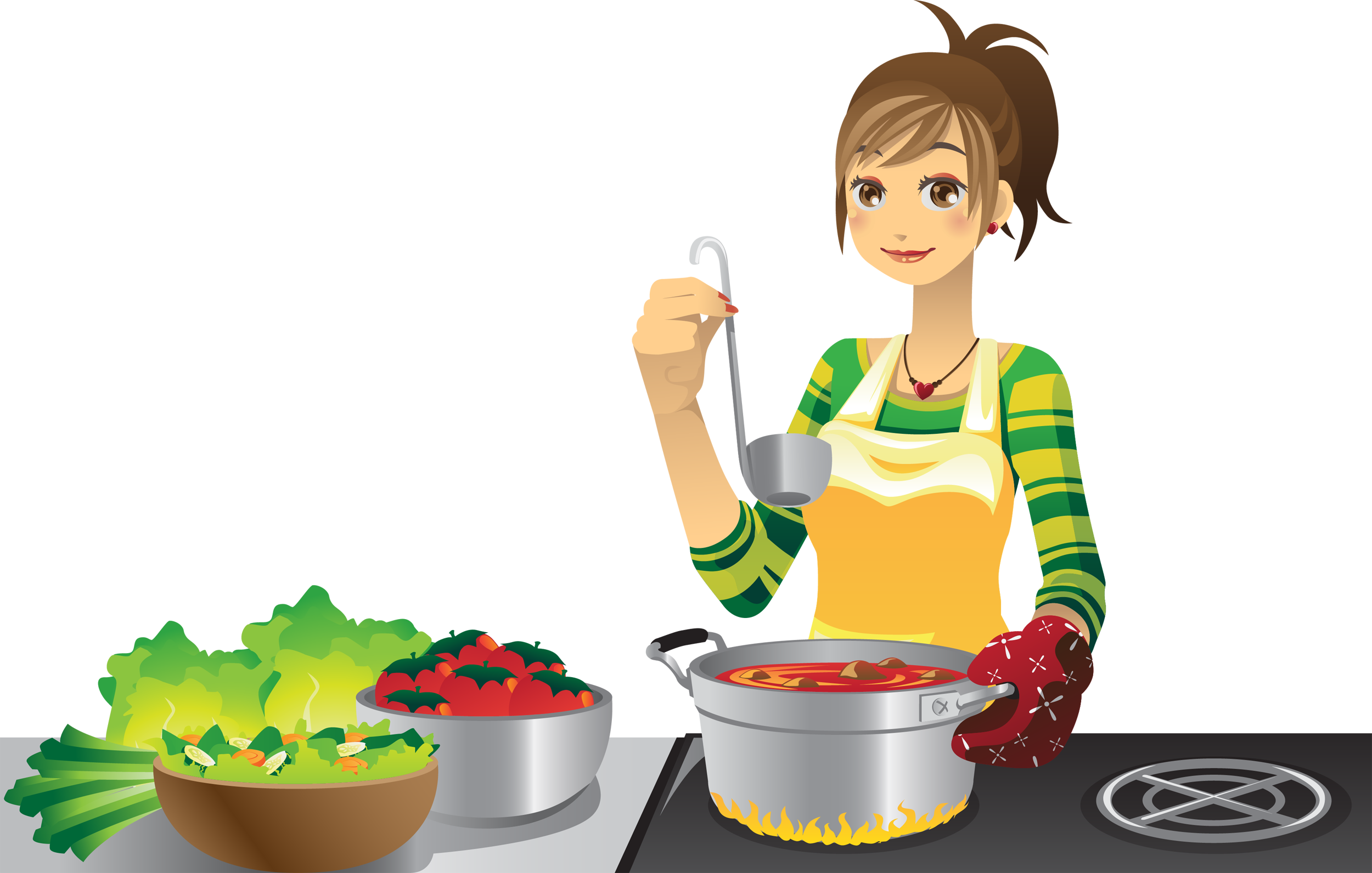 Приготовление пищи на белом фоне. Иллюстрации приготовления пищи. Готовка на прозрачном фоне. Мультяшные женщины на кухне.