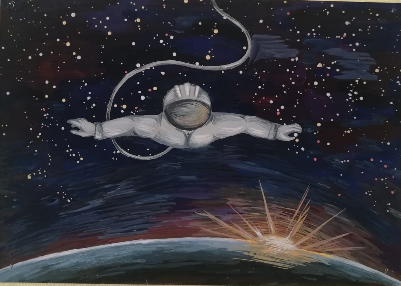 Для чего люди летают в космос. Картина на день космонавтики. Космос рисунок. Первый полёт человека в космос рисунок. Человек в космосе рисунок.