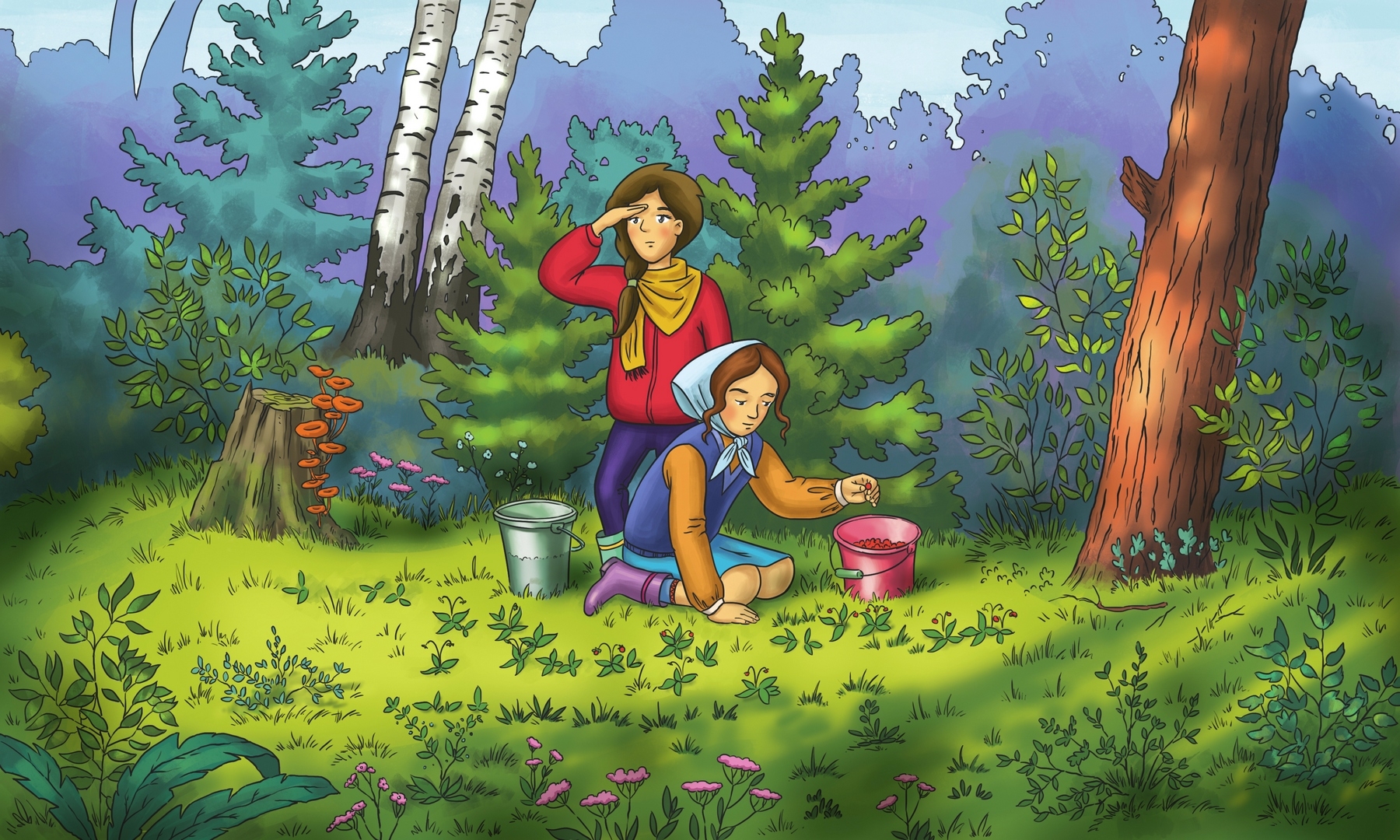 Девочка в лесу собирала грибы. Дети собирают грибы в лесу. Дети собирают ягоды. Дети собирают грибы и ягоды в лесу. Человек в лесу рисунок.
