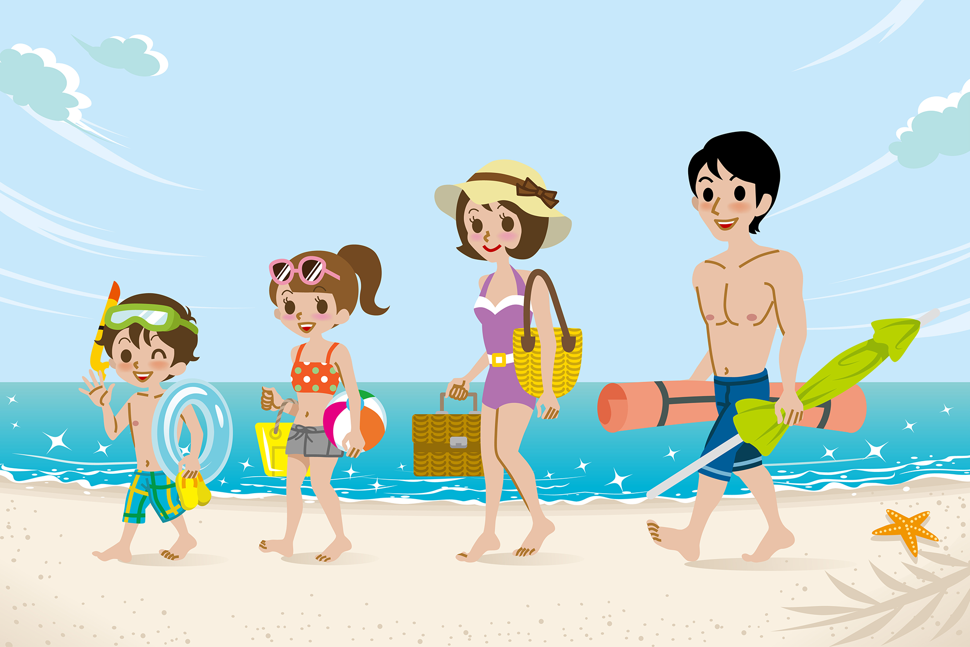 Ребята пойдемте купаться. Пляж иллюстрация. Иллюстрация семья на пляже. Семья на пляже рисунок. Море рисунок для детей.