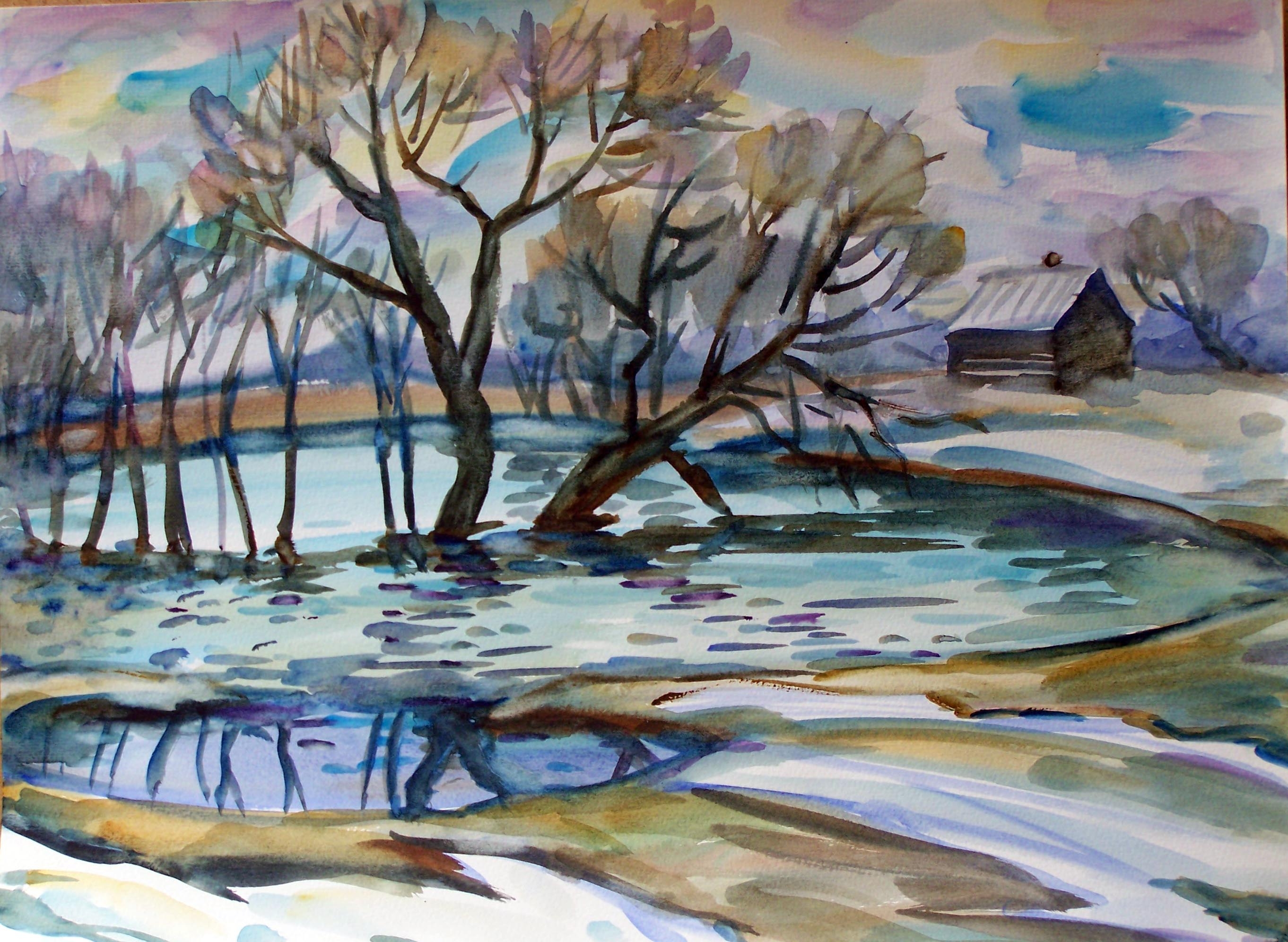 Рисование ледоход на реке. Весенний пейзаж для детей. Пейзаж весенний паводок. Весенний пейзаж рисунок. Паводок картина.