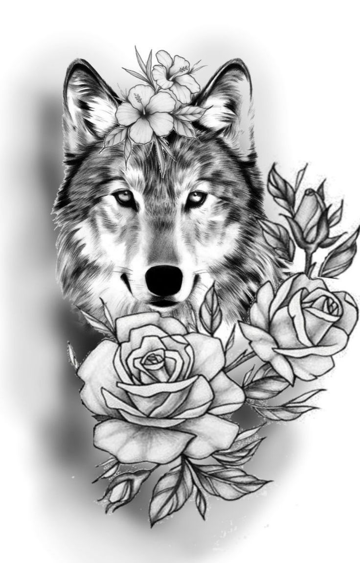 Эскиз волк с цветами