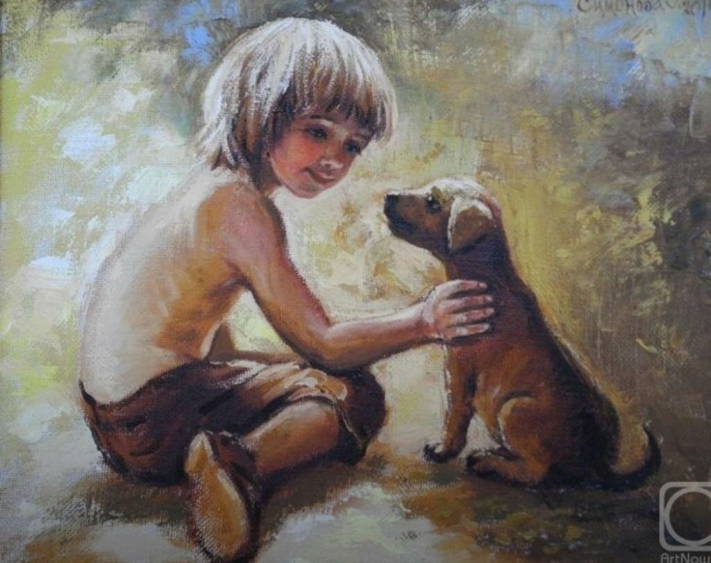 Мальчик играющий с собакой. Картины Дональда Золана беззаботное детство.