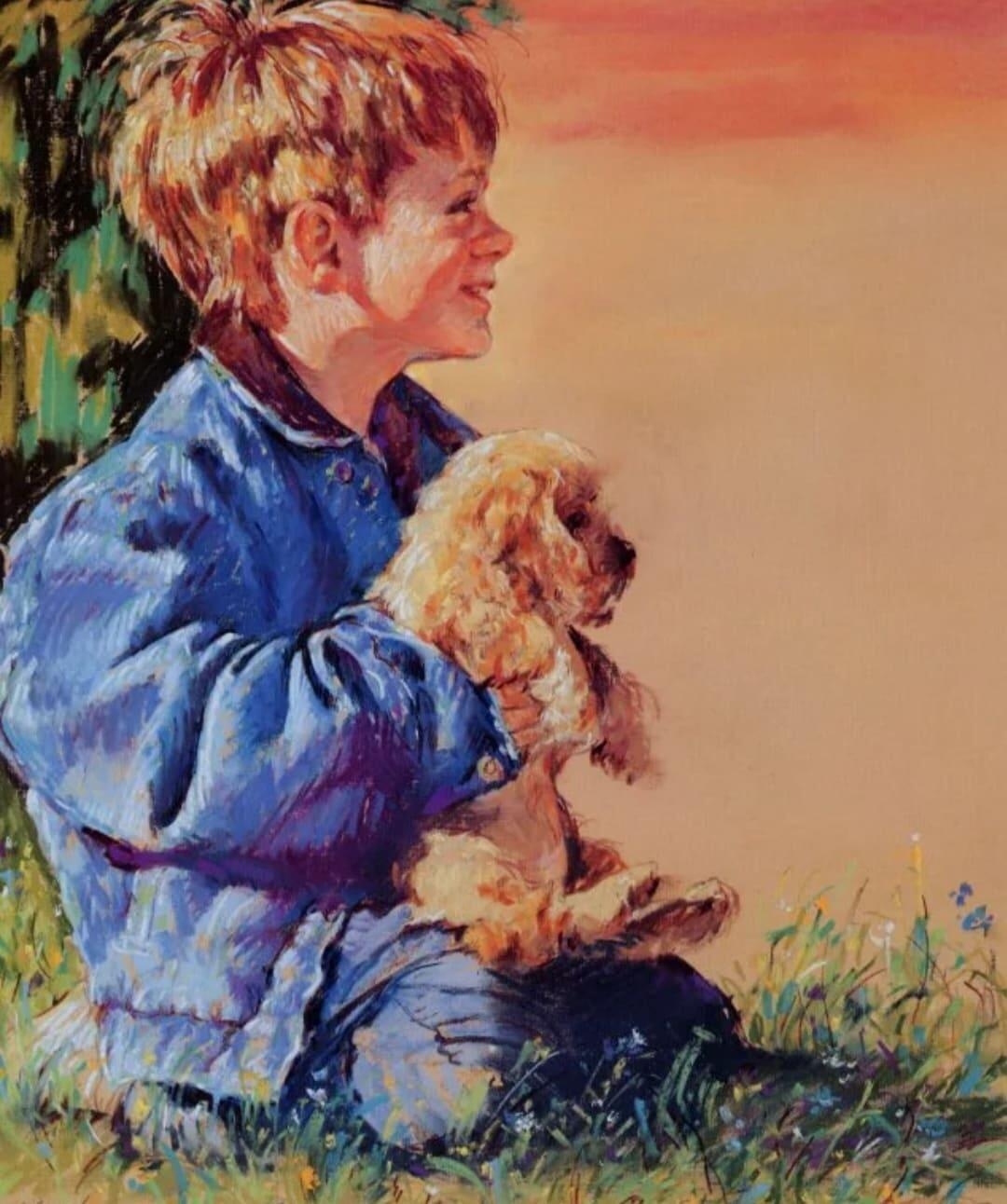 Мальчик играющий с собакой. Художник Jessica Zemsky. Мальчик с собакой. Мальчик с собакой живопись.