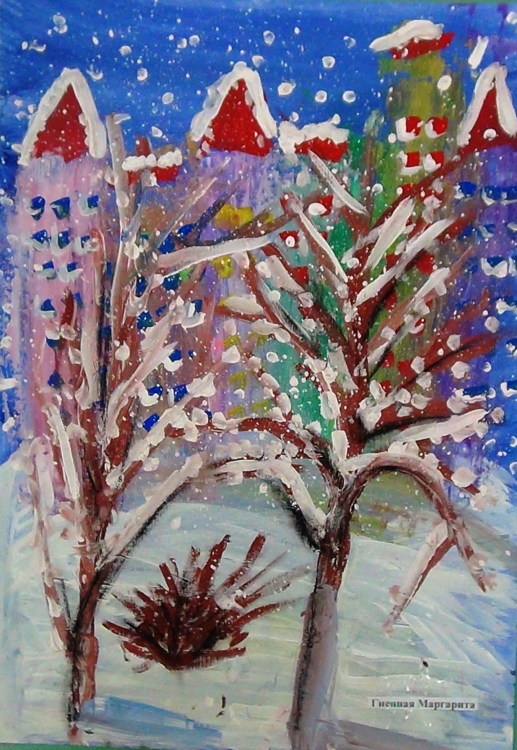 Детский зимний пейзаж рисунок гуашью
