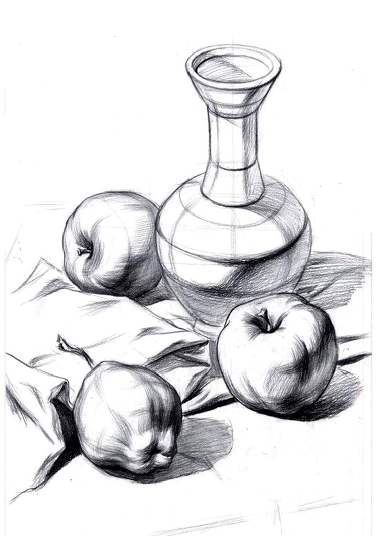 Ваза с яблоком рисунок карандашом