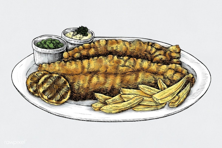 Жареный картофель с рыбой рисунок