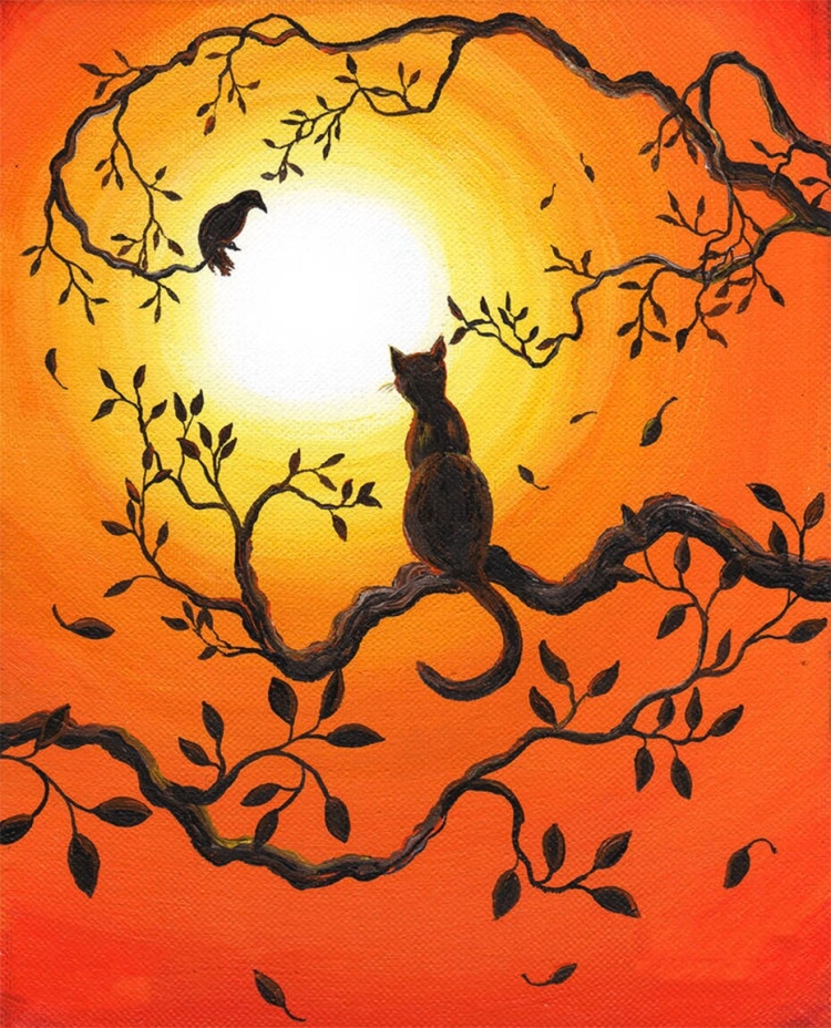 Кот на закате гуашью