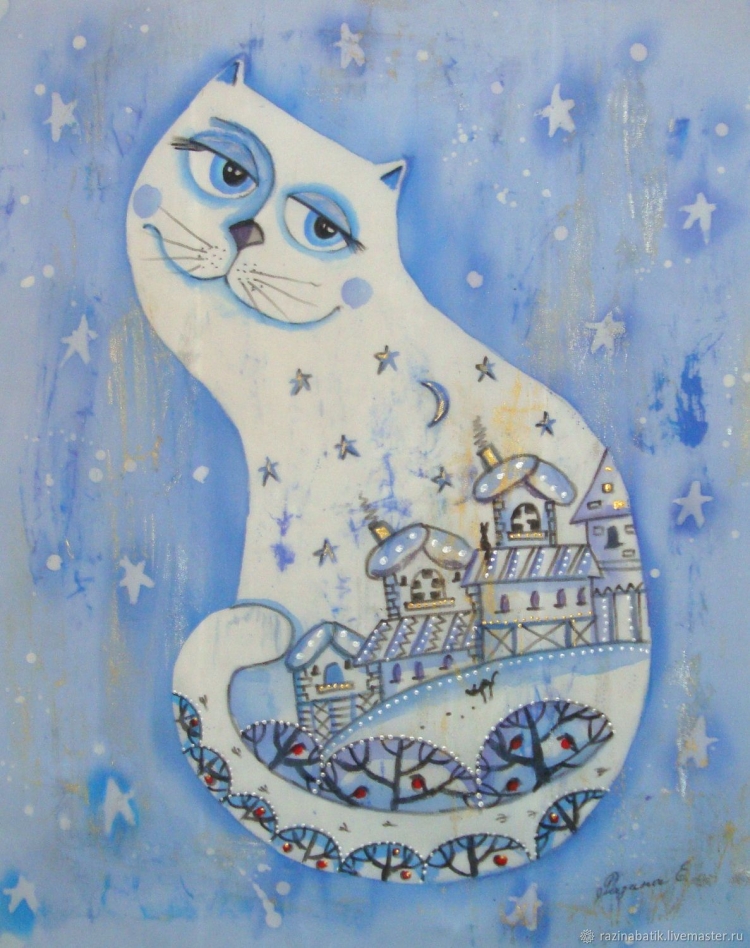 Зимний кот гуашью детям