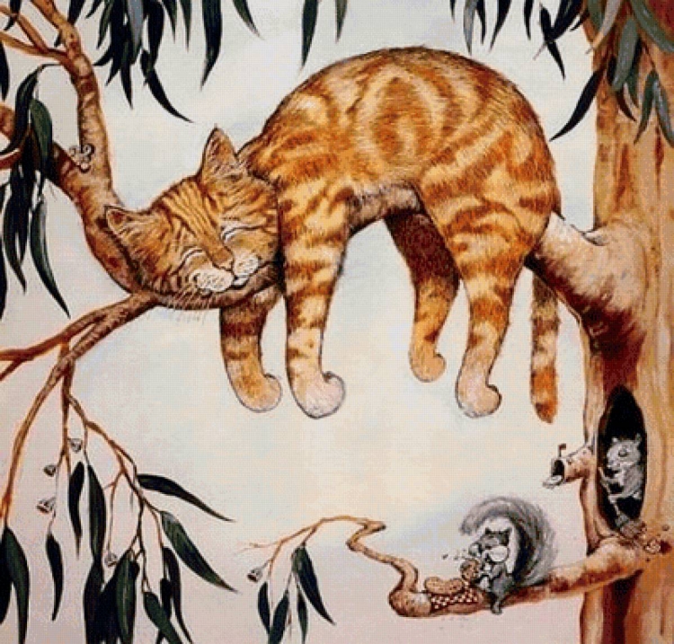Кот лежит на ветке дерева