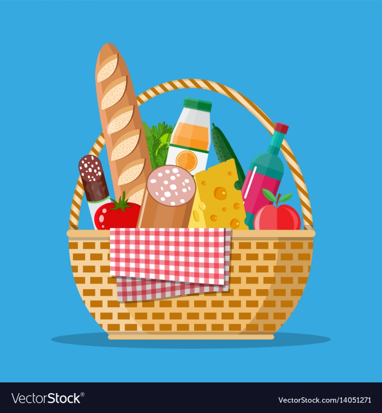 Корзинка плетеная с продуктами вектор
