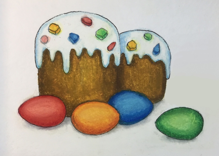 Рисунок кулича и яиц на пасху